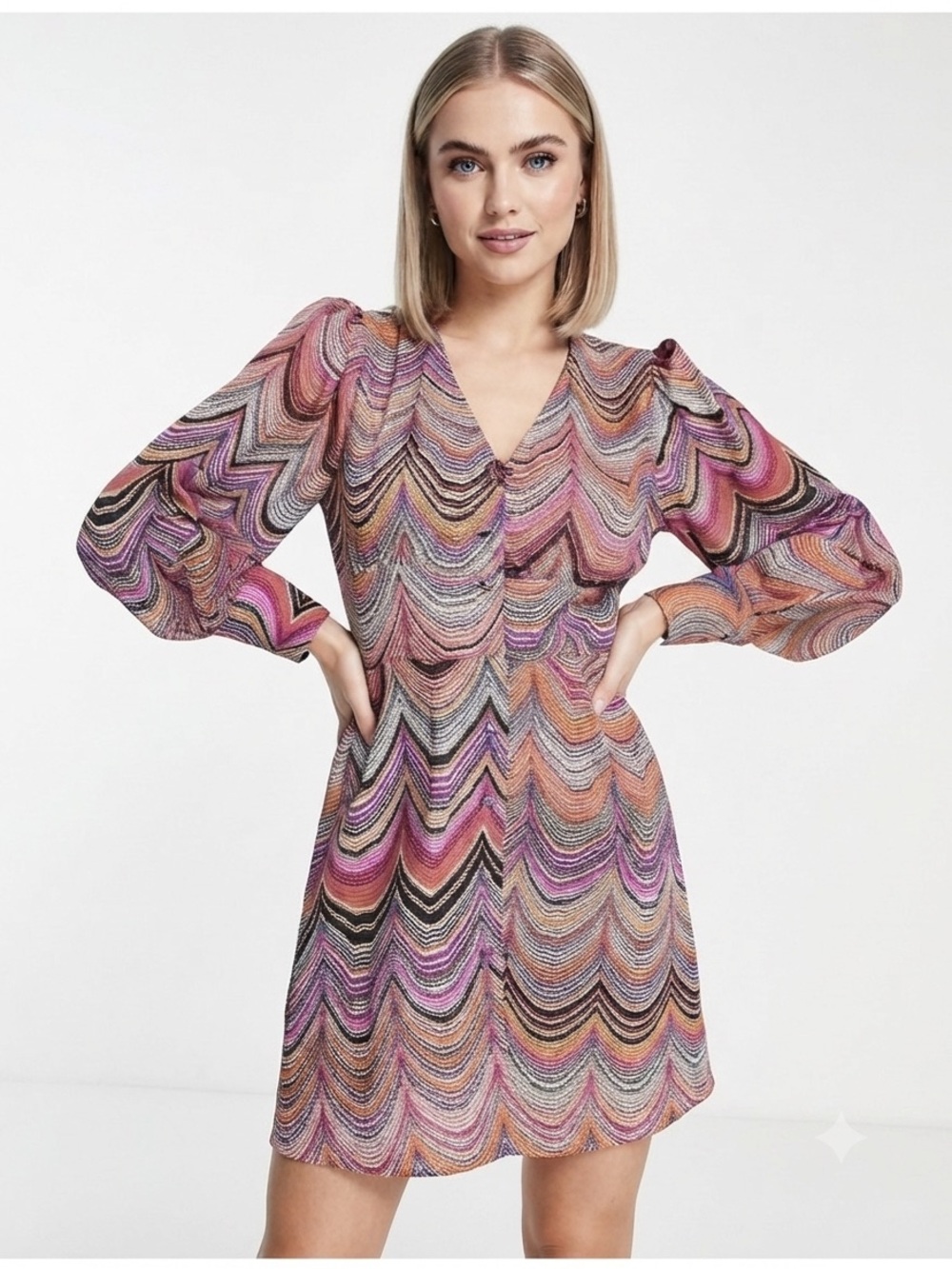 VILA Multicolor Wave Print V-Neck Long Sleeve Dress